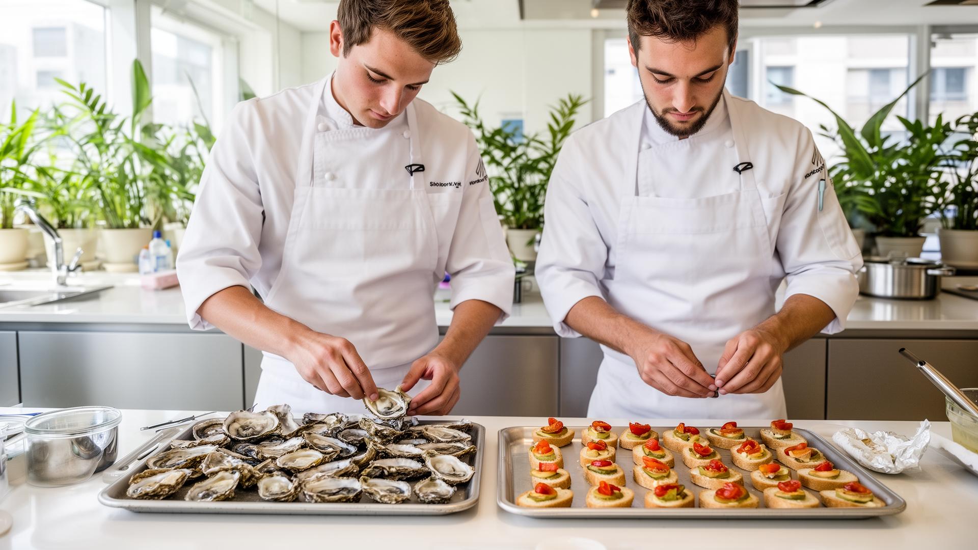 Zwei Köche von Catering Traut bereiten frische Canapés und Austern zu